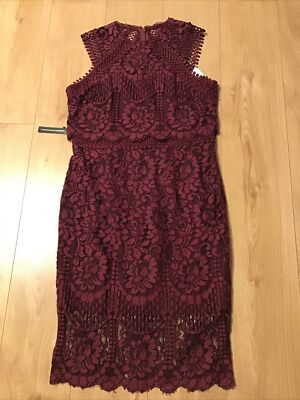 New Lipsy VIP @ Next Size 16 Burgundy Berry Embroidered All Over Lace Midi Dress