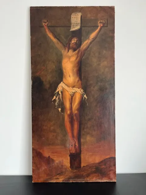 Grand tableau peinture sur toile représentant Jésus sur sa croix - 1 mètre