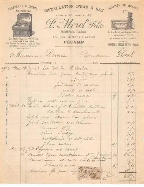 Facture.AM19970.Fécamp.1912.P Morel Fils.Plomberie.Tolerie.Fourneau cuisine.Ca
