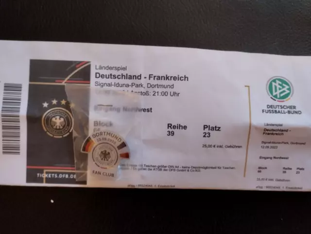 2x Deutschland - Frankreich 12.09.23 FS in Dortmund Matchday Pin Badge + Ticket