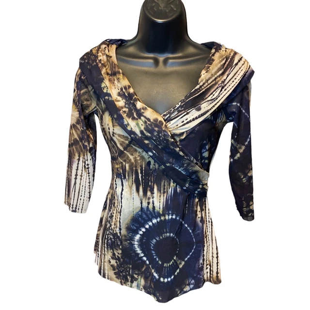 Elana Kaftan Tie Dye 3/4 Sleeve Cowl Neck Fitted Top