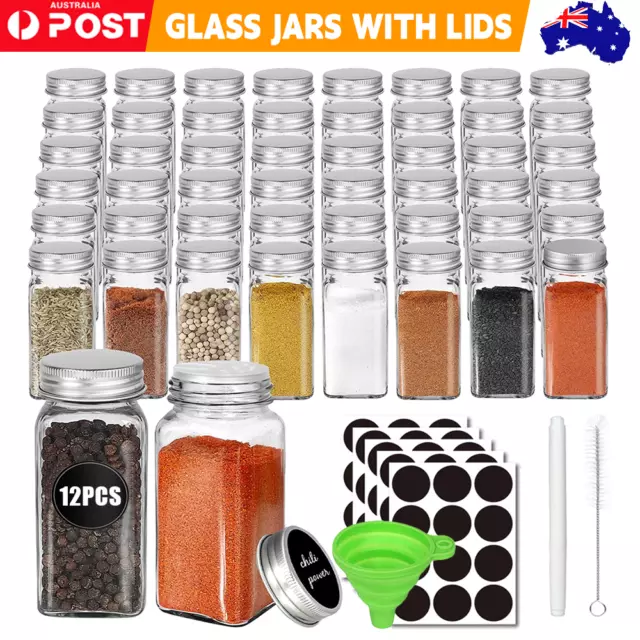 24X/48X Clear Square Glass Jars Lid Spice Herb Seasoning Storage Container