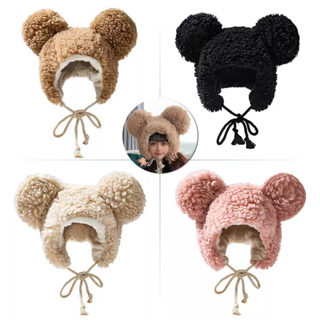 Girls Lovely Bear Ear Hat Winter Thicken Plush Windproof Beanie Soft Cap new