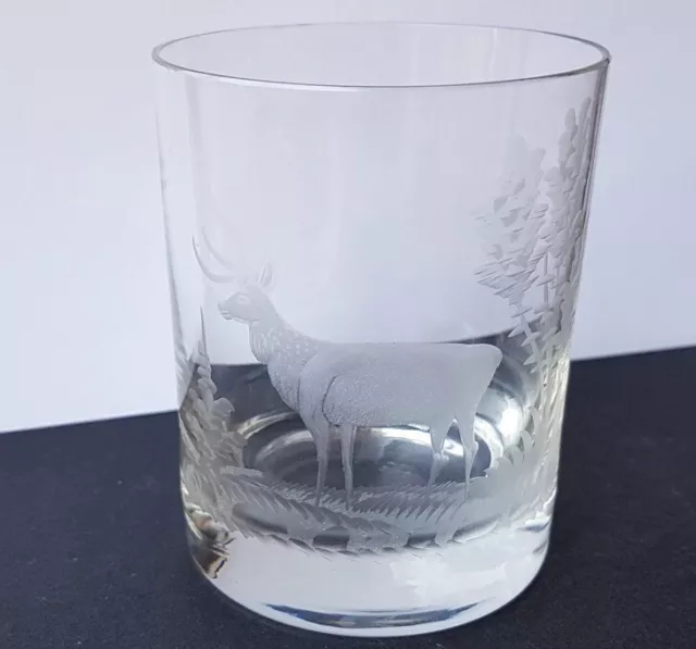 Glass Cup Hunting Deer Hand Engraved Um 1950 K376