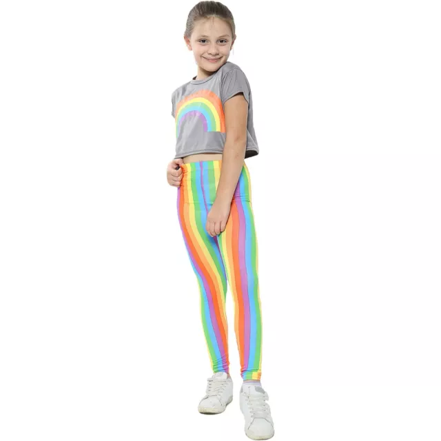 Kids Girls Crop Top & Legging Set Rainbow Steel Grey Fashion Outfit Clothing Set