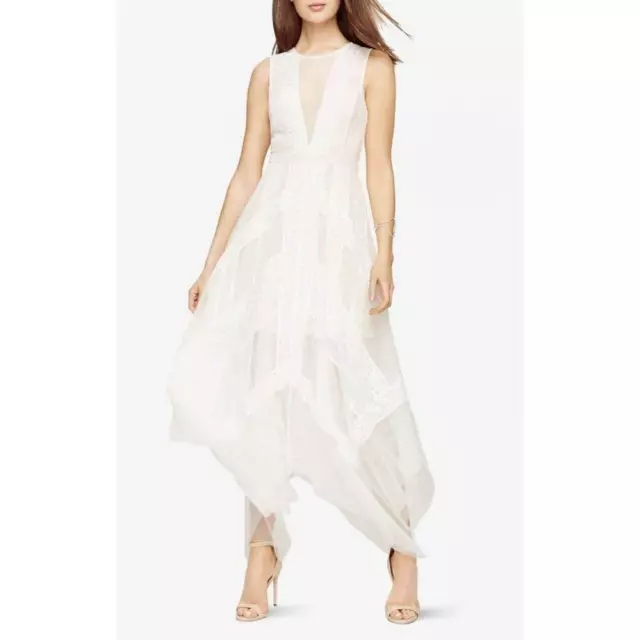 Bcbg Max Azria Andi White Lace Tulle Romantic Cocktail Handkerchief Gown Dress 8 3