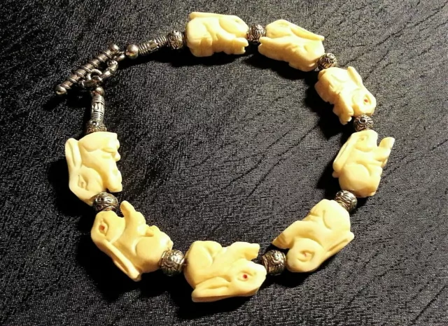 Lot of 8 Carved Bunny Charms & Silver Tone Bracelet, Artisan, 8.75", Toggle
