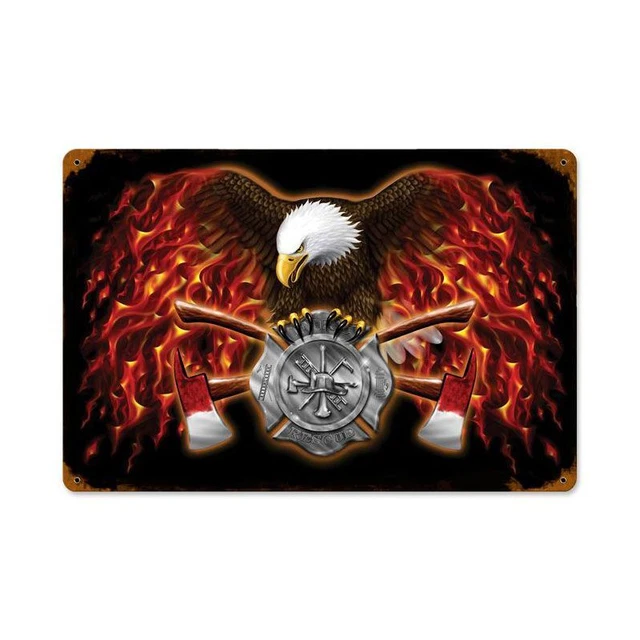 American Bald Eagle Fire Fighter Axes 18" Heavy Duty Usa Metal Home Decor Sign