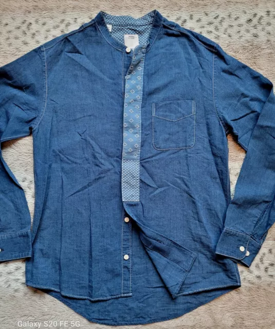 Camicia anteriore Visvim misto lino leggero slub denim nascondiglio bottoni collo nonno taglia 2