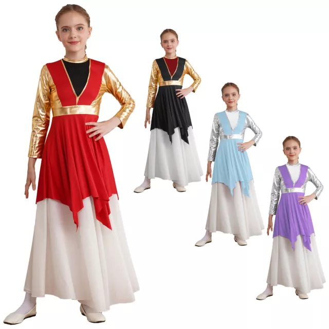 Kids Girls Dress Choir Dancewear Worship Liturgical Costume Metallic Outfits