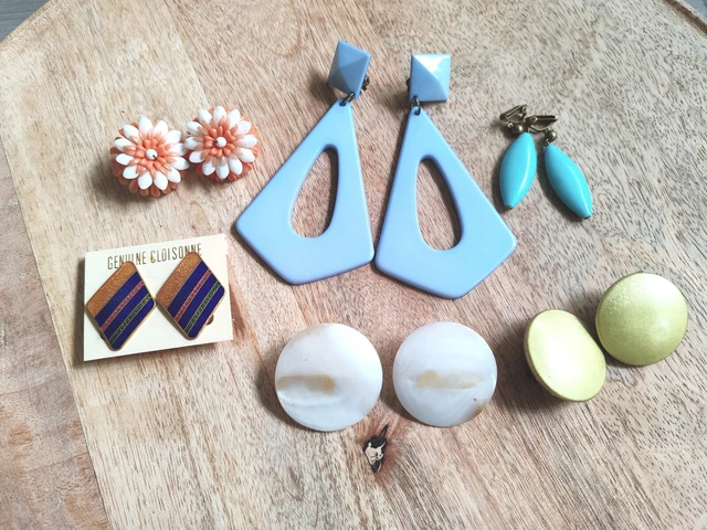 Boucles D'oreilles Clips Vintage Années 60-70 - Plastique Dégradé Vert - Authentique Rétro