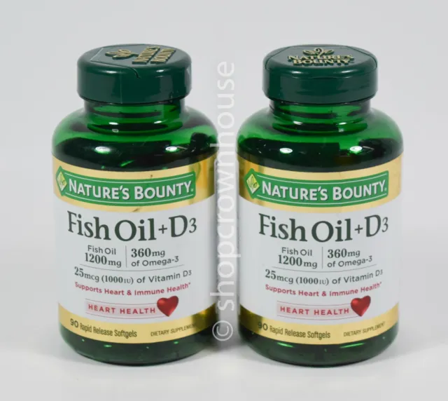 2 Natures Bounty 1200mg FISH OIL +D3 Omega-3 heart health 90 Softgels 01/2025