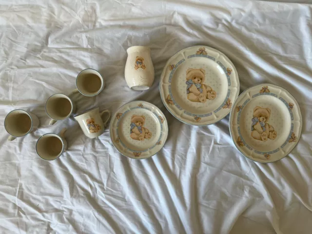 Tienshan Stoneware Country Theodore Teddy Bear Lot  Plates And Cups