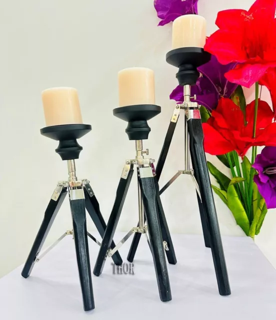 Candle Stick Holders Hand Carved Wooden Pillar Candle Decorative Tripod Stand