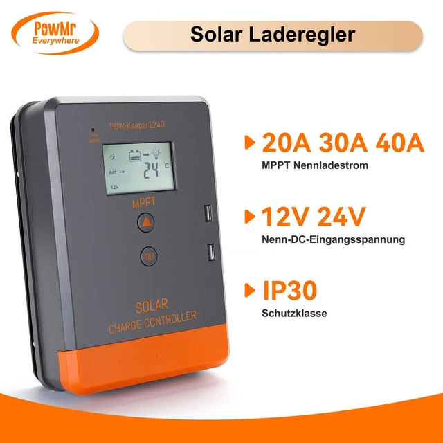 Régulateur De Charge Solaire PWM 30A - 12V/24V/36V/48V Auto-détection - Double USB, écran LCD - Pour Batteries AGM, Gel, Lithium