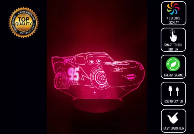 CARS LIGHTNING MCQUEEN 3D Acrylic LED 7 Colour Night Light Touch Table Lamp