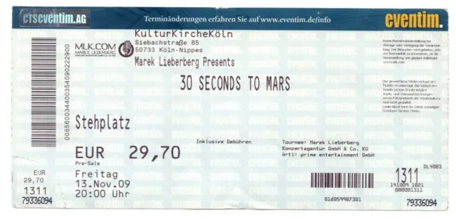 30 Seconds To Mars - Altes Konzert-Ticket - Köln vom 13.11.2009 - siehe Bild