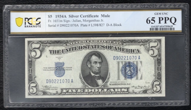 FR. 1651m 1934-A $5 MULE SILVER CERTIFICATE PCGS BANKNOTE GEM UNC-65PPQ (C)
