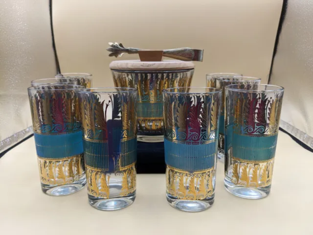 Vintage MCM George Briard Gold Feather Turquoise 8 Highballs & Ice Bucket Set