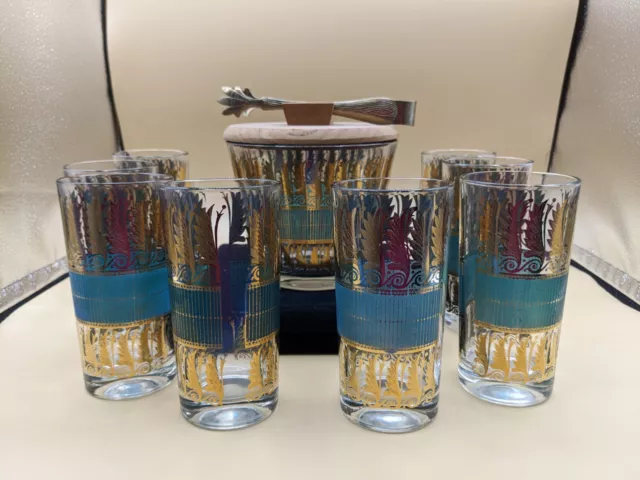 Vintage MCM George Briard Gold Feather Turquoise 8 Highballs & Ice Bucket Set Vintage MCM George Briard Gold Feather Turquoise 8 Highballs & Ice Bucket Set