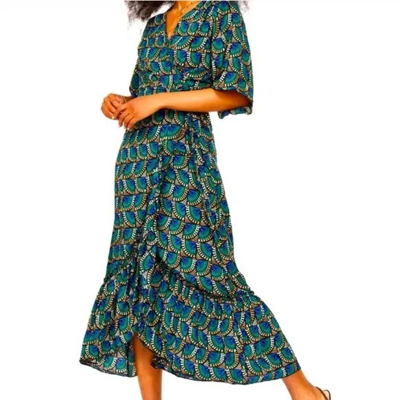 Silk & Salt Journey Maxi Wrap Dress Size XXL African Peacock NWT V Neck Print