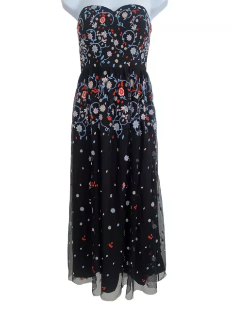 Modcloth Black Floral Tulle Embroidered Midi Strapless Dress Women's Size Small