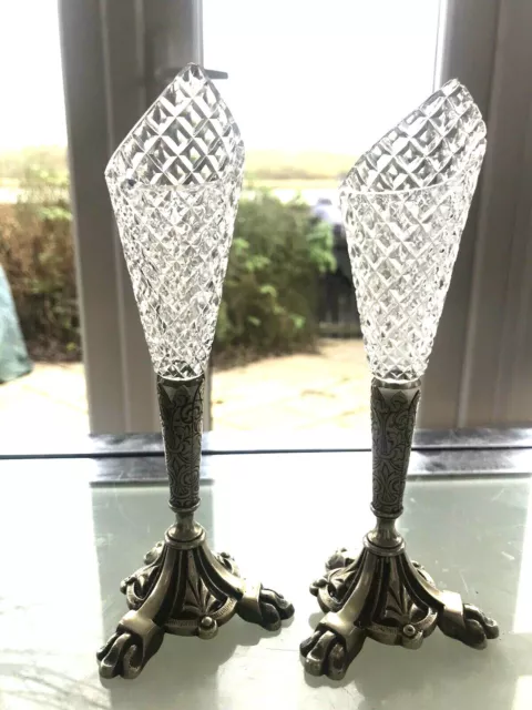 Pair of old crystal and metal bud vases