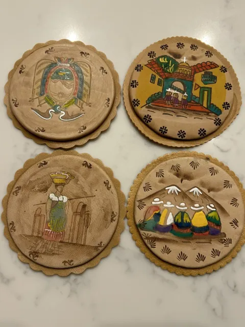 HANDMADE PERUVIAN Artisan COASTER SET 4 Painted Leather & Textile Disks Peru