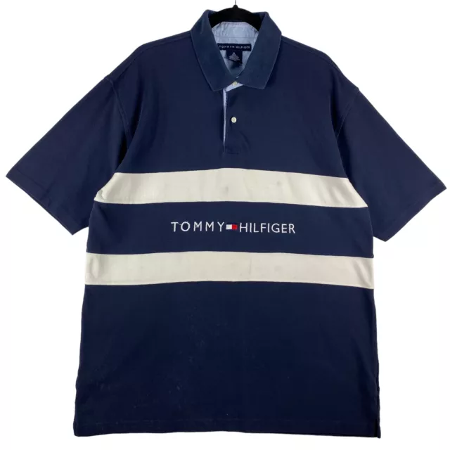 Tommy Hilfiger Dark Blue & White Embroidered Cotton Polo Shirt Size XL