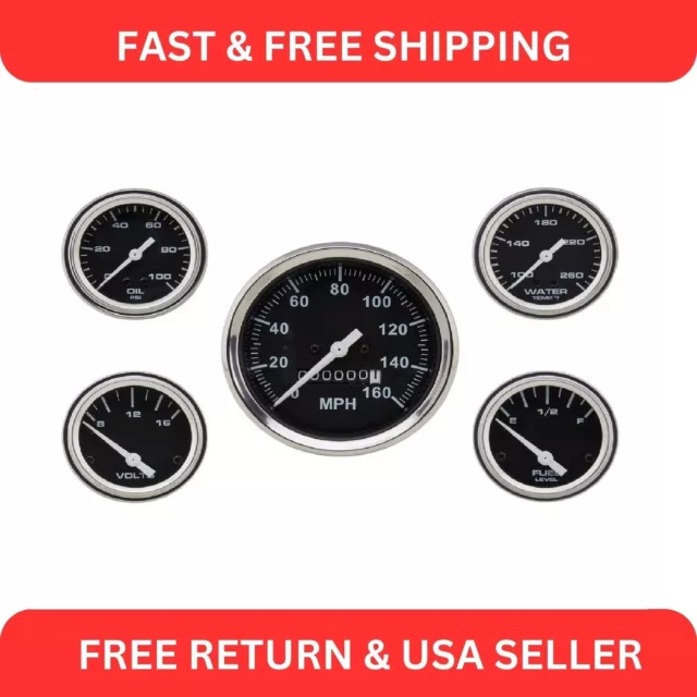 Speedway Complete Black 5 Gauge Set w/ Speedo, Volt, Fuel Temp & Oil Pressure