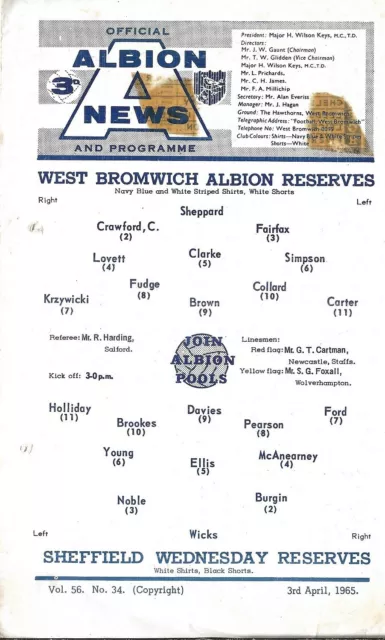 Football Programme WEST BROMWICH ALBION RESERVES v SHEFFIELD WEDNESDAY Apr 1965