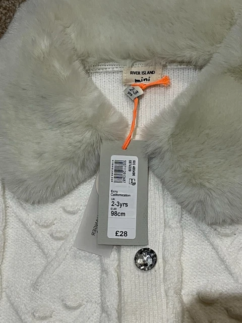 New River Island Mini Girls White Knitted Jacket Fur Collar 2-3 Years 3