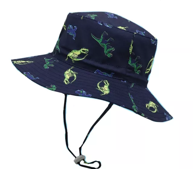 Boys Kids Children Cotton Dinosaur Navy Wide Brim Bucket Sun Hat Cap strap 1-10y