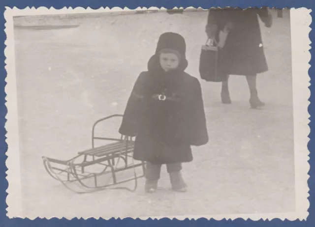 Beautiful Child with a sled on the snow, Cute Baby Soviet Vintage Photo USSR