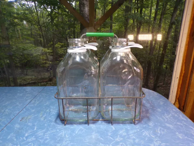 Vintage milk bottle carrier crate, metal wire holder with 4 half gallon bottles