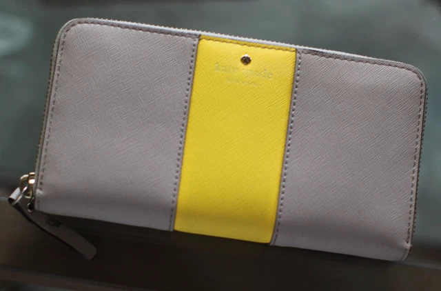 Kate Spade Wallet Leather Cedar Street Racing Stripe Lacey Zip Beige Yellow