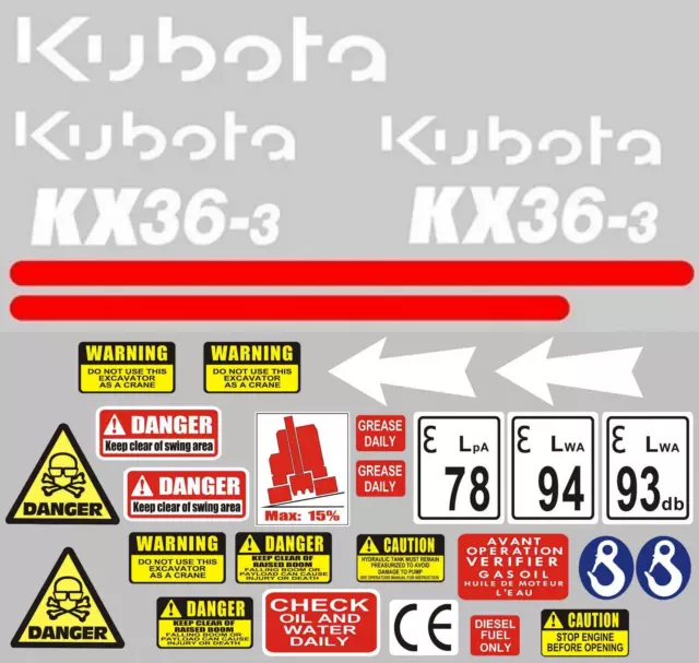 Decal Sticker set. KUBOTA KX36-3 Mini Digger Pelle Bagger Excavator