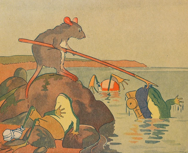 G. JORDIC (1876-1915), Ratte rettet Frösche, Offsetdruck Moderne Tiere 1925-1949