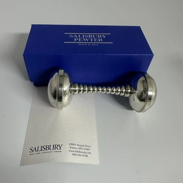 Salisbury Pewter Stacking Ring Dumbbell Baby Rattle Toy Barbell 4" Original Box