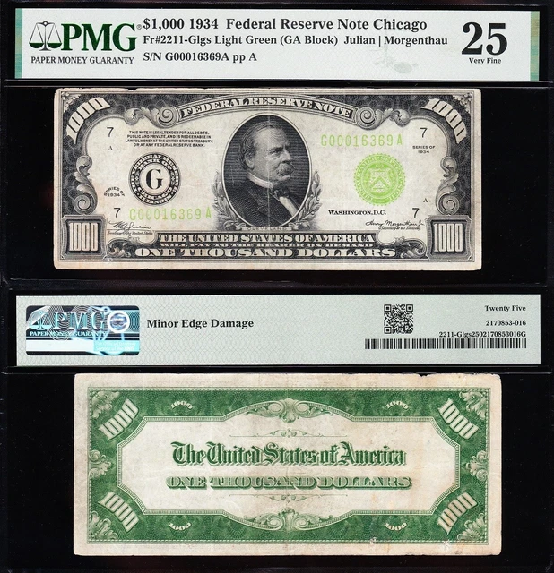 VERY NICE Bold VF 1934 "LIME GREEN SEAL" $1000 Chicago FRN bill! $1,000 PMG 25!