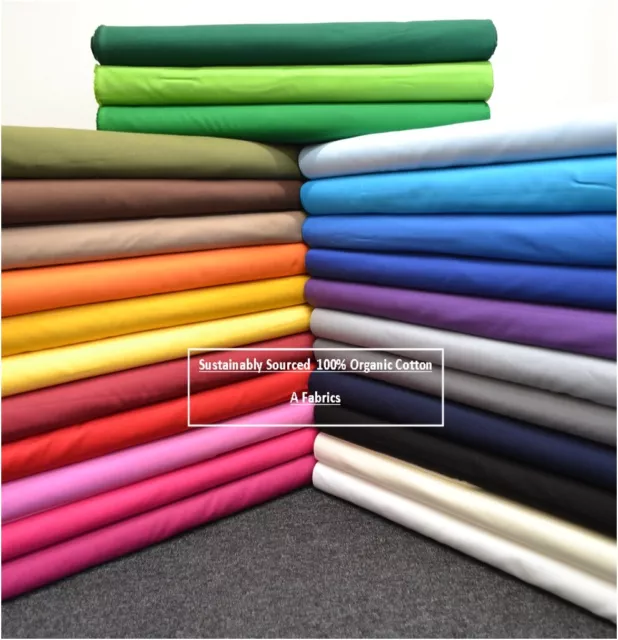 ORGANIC 100% COTTON FABRIC PLAIN - Sustainably Sourced Material -25 Colours.