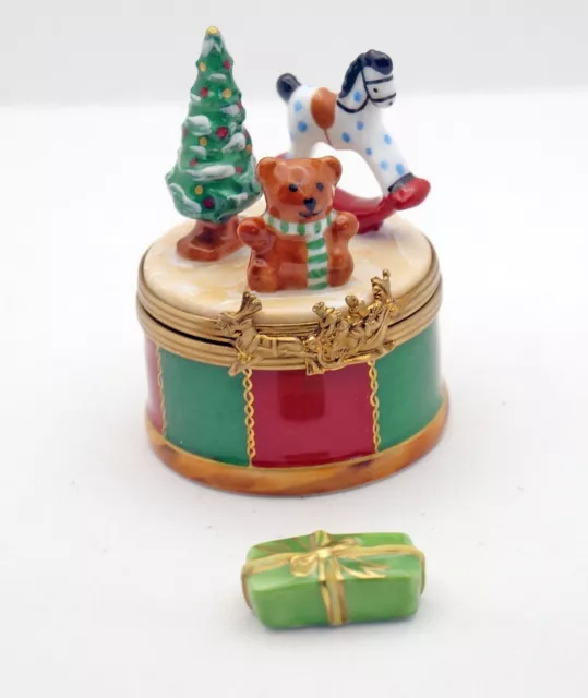 New French Limoges Trinket Box Colorful Christmas Drum w Toys Xmas Tree and Gift