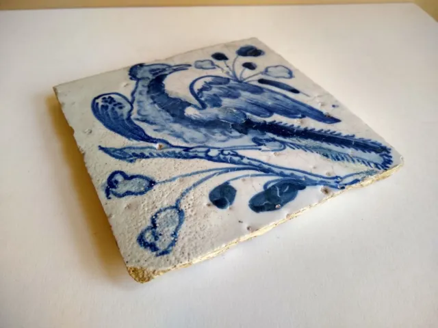 Antique 17th -18th Century Delft Hand Painted Tile. Stylized Bird. NR 3