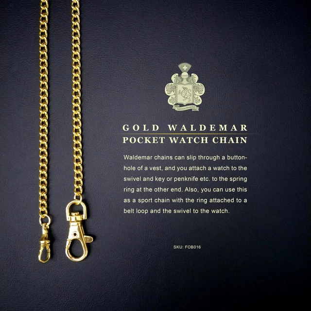 MEN'S GOLD WALDEMAR Pocket Watch Chain Lobster Clasp & Swivel FOB 016