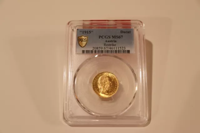 Moneda de oro austríaca 1 Ducat Restrike 1915, PCGS MS67