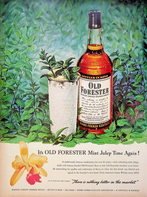1951 Old Forester Kentucky Bourban Whiskey Vintage 50s Print Ad Mint Julep Time