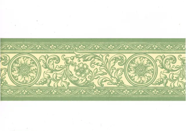 French Damask Green Tan Cream Toile Acanthus Leaf Medallion Wallpaper Border