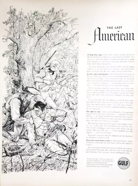 Gulf Oil 1952 Vtg PRINT AD The Last American Leon Gregori Encouraging to Vote