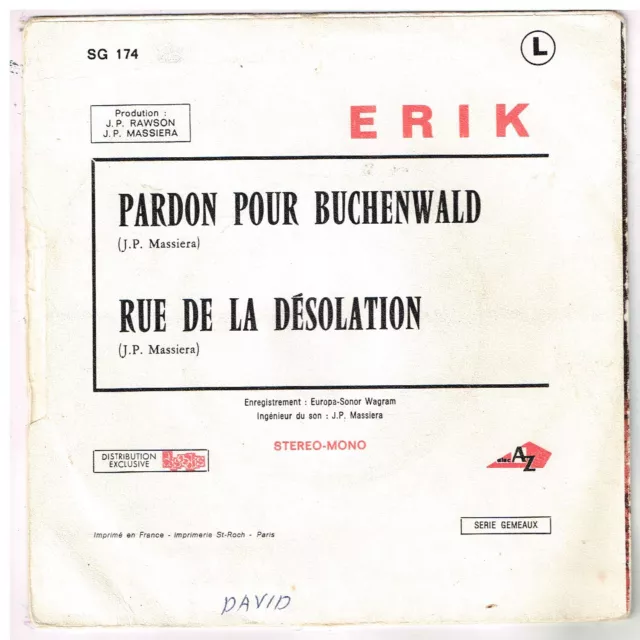 ERIK     Pardon pour Buchenwald     7" 45 tours SP 2