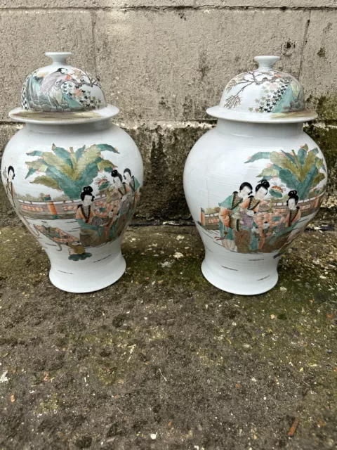 Pair Of Chinese White Porcelain Famille Verte Lidded Vases Four Characters